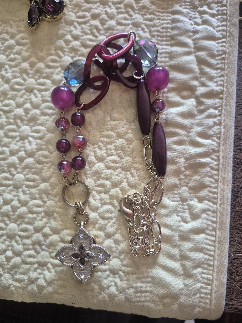 Purple Beaded Necklace with Silver Floral Medallion